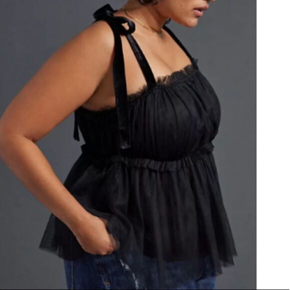 NWT Anthropologie Sunday in Brooklyn Black Tulle Tank Top Velvet Tie Shoulder - Picture 4 of 5